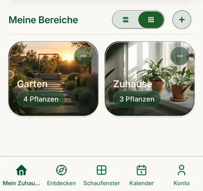 Meine Bereiche in alvea: Garten mit 4 Pflanzen und Zuhause mit 3 Pflanzen.