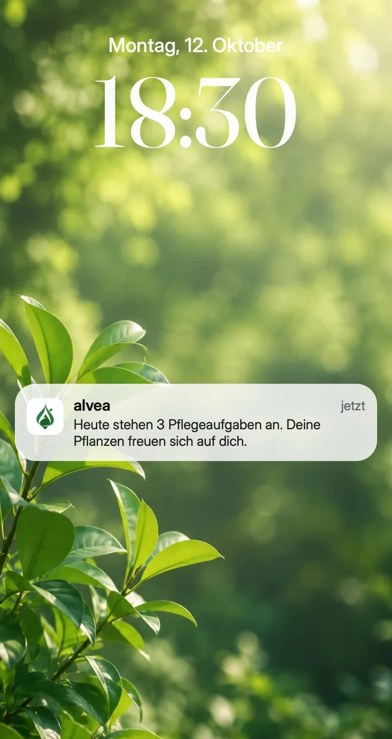 Sperrbildschirm mit einer Mitteilung von alvea: Heute stehen 3 Pflegeaufgaben an.