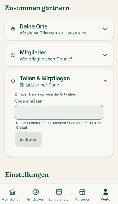 Bereich Zusammen gärtnern: Orte, Mitglieder und Einladung per Code.