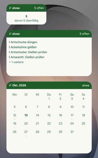 Drei alvea-Widgets auf dem Startbildschirm: offene Aufgaben, Aufgaben für heute und ein Kalender.